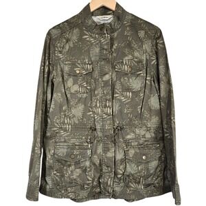 LL Bean Utility Jacket Women Olive Green‎ Floral Print Drawstring Pockets Size M